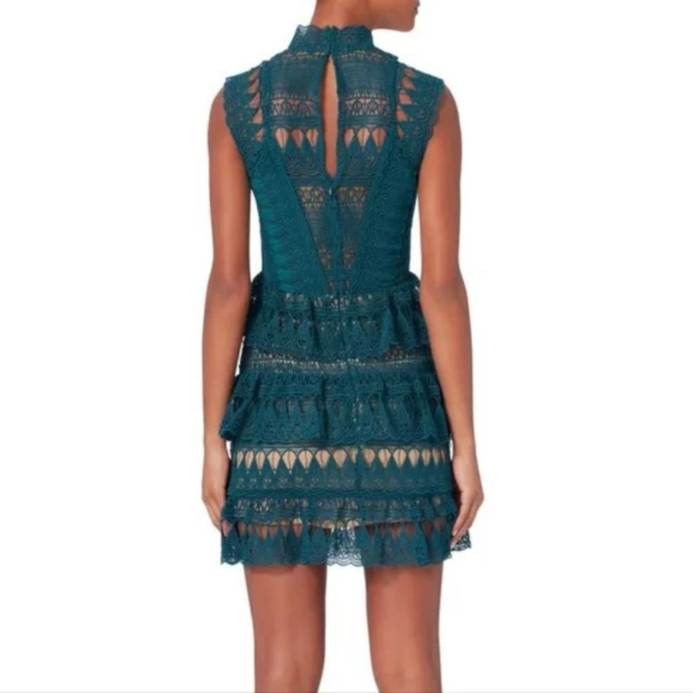 Self-Portrait Tiered Lace Mini-Dress in Teal - Picture 10 of 12
